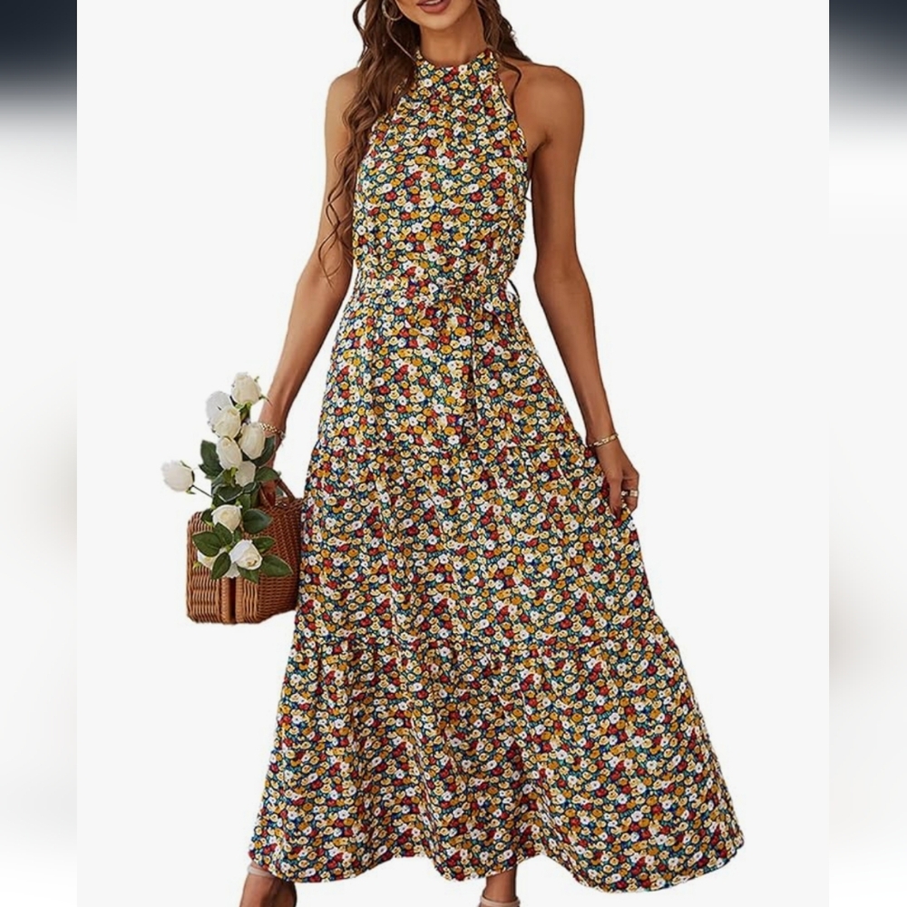 Pretty Garden multicolored halter fit and flare, swing dress. size M - Picture 15 of 16